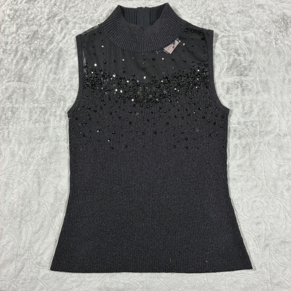 Y2K Dressbarn Sleeveless Sequin Mesh Knit Top Size M Black Glam Whimsigoth Sheer